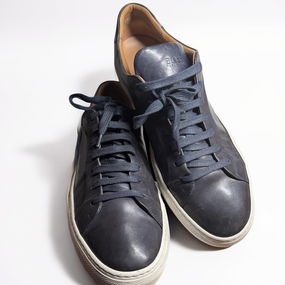 Hugo Boss BOSS Men's Navy Blue Leather Sneakers Sz EU 45 US Sz 11 Made in Italy